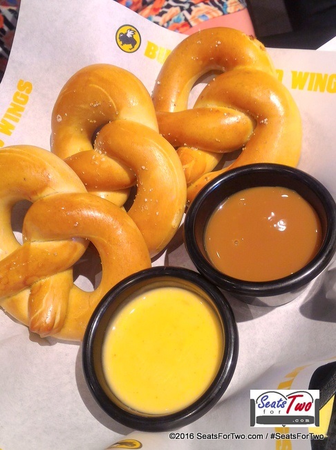 Soft-Pretzels with cheese and caramel sauces